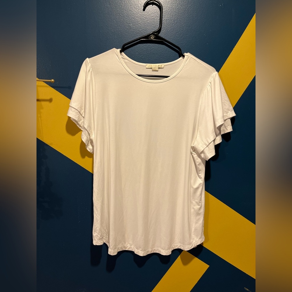 Cooper & Ella White Crew Neck Flutter Sleeve Tee NWOT